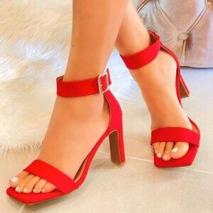 Women's Ankle Strap Block Heel Dress Sandals Red Color‎